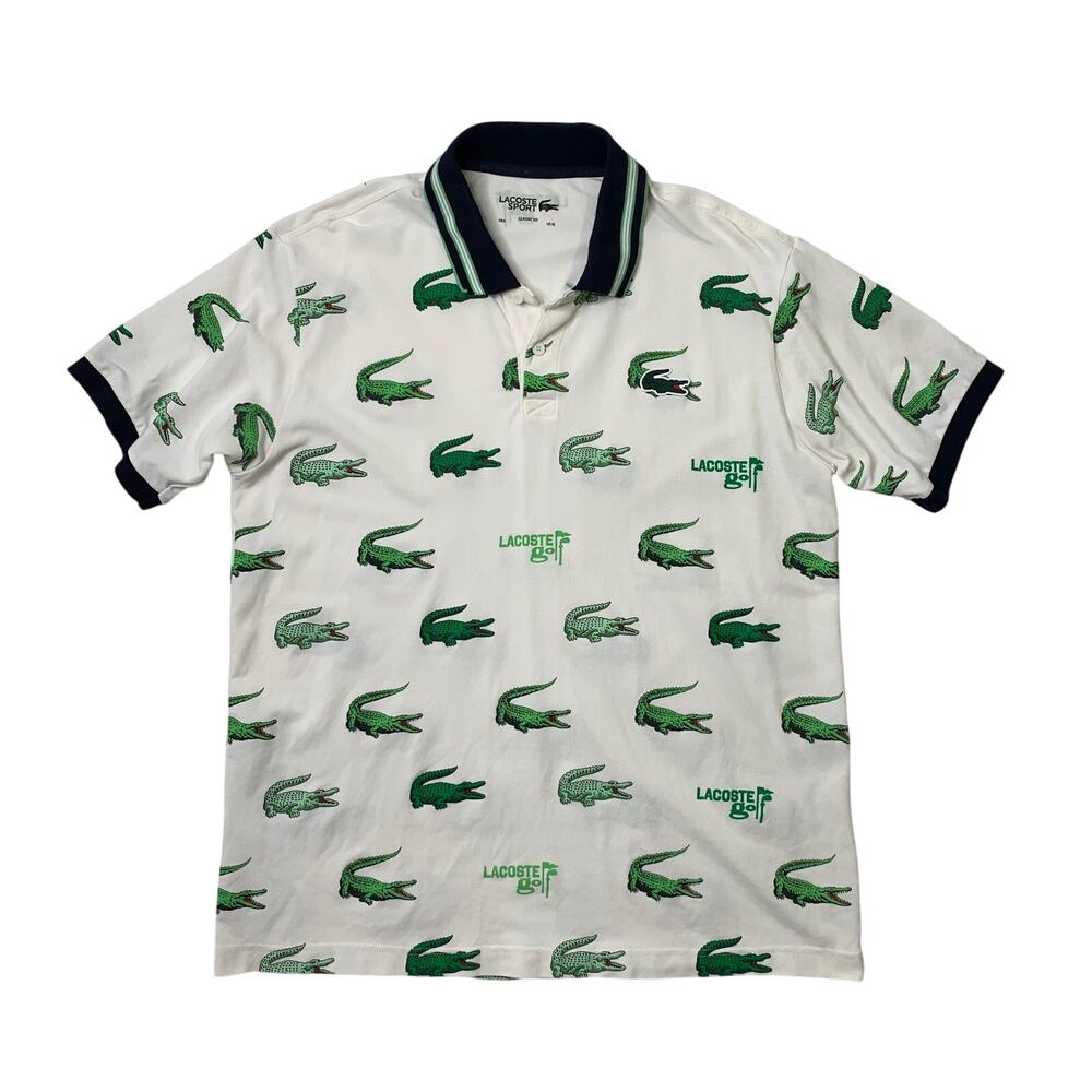 Lacoste Polo Shirt Mens XL White Sport Croc Print Golf Classic Fit Cotton Blend